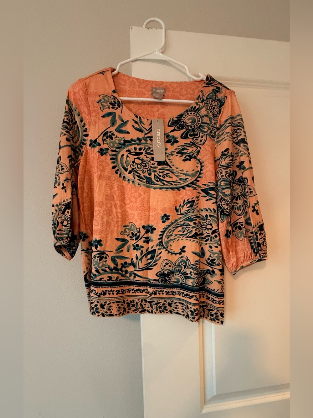Chico's Peach and Teal Paisley V-Neck Tunic - Picture 2 of 8